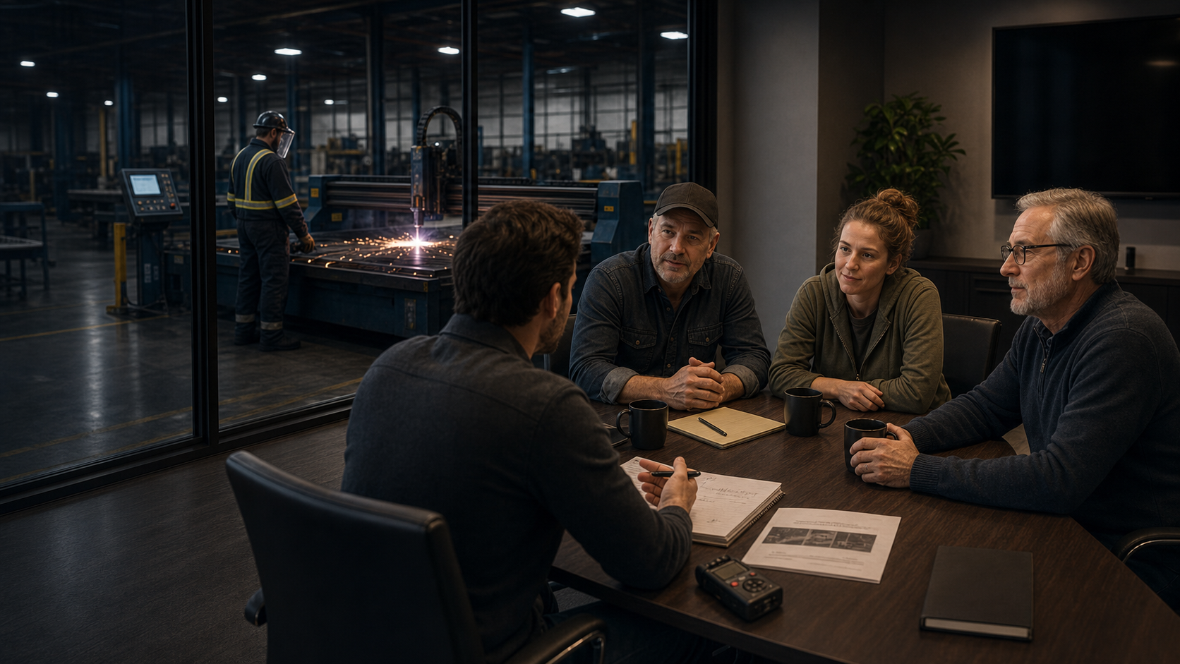 Interview scene showing employees explaining how work gets done
