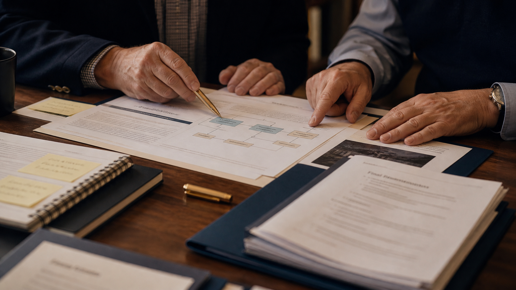 Owner and advisor reviewing workflow maps and operating documents