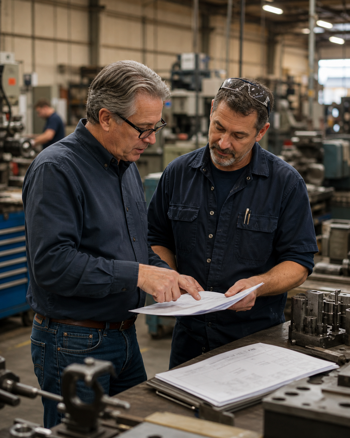 Owner and floor lead reviewing a job packet on a shop floor