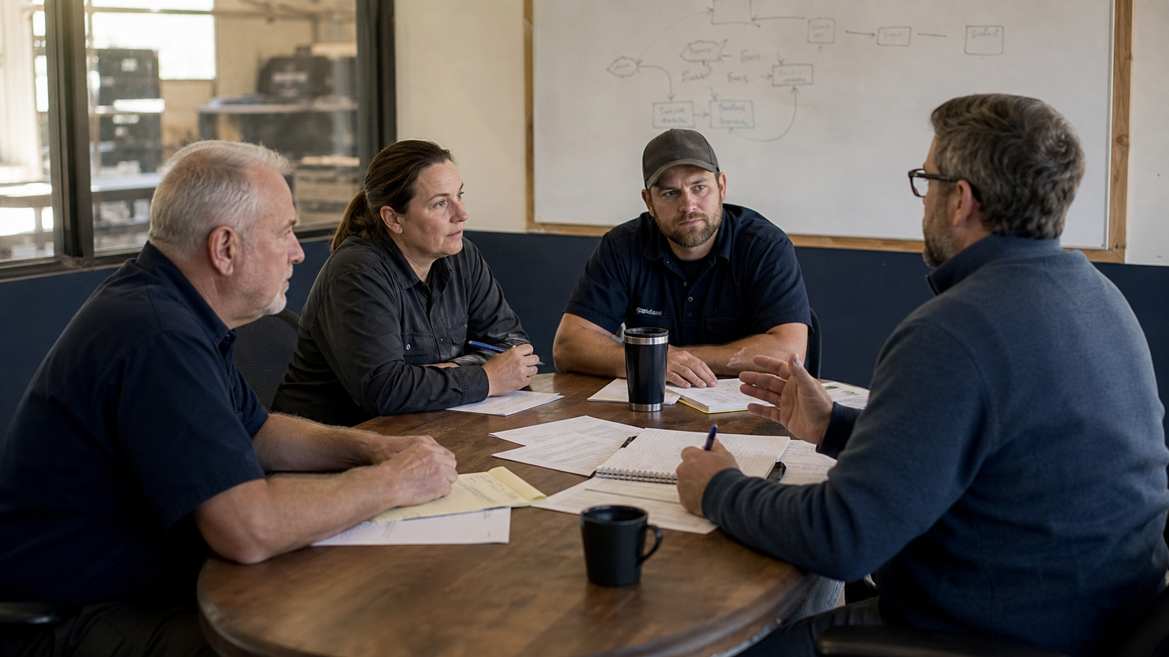 Team interview scene showing employees explaining how work gets done