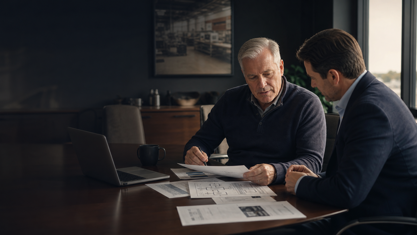 Owner reviewing workflow materials with an advisor